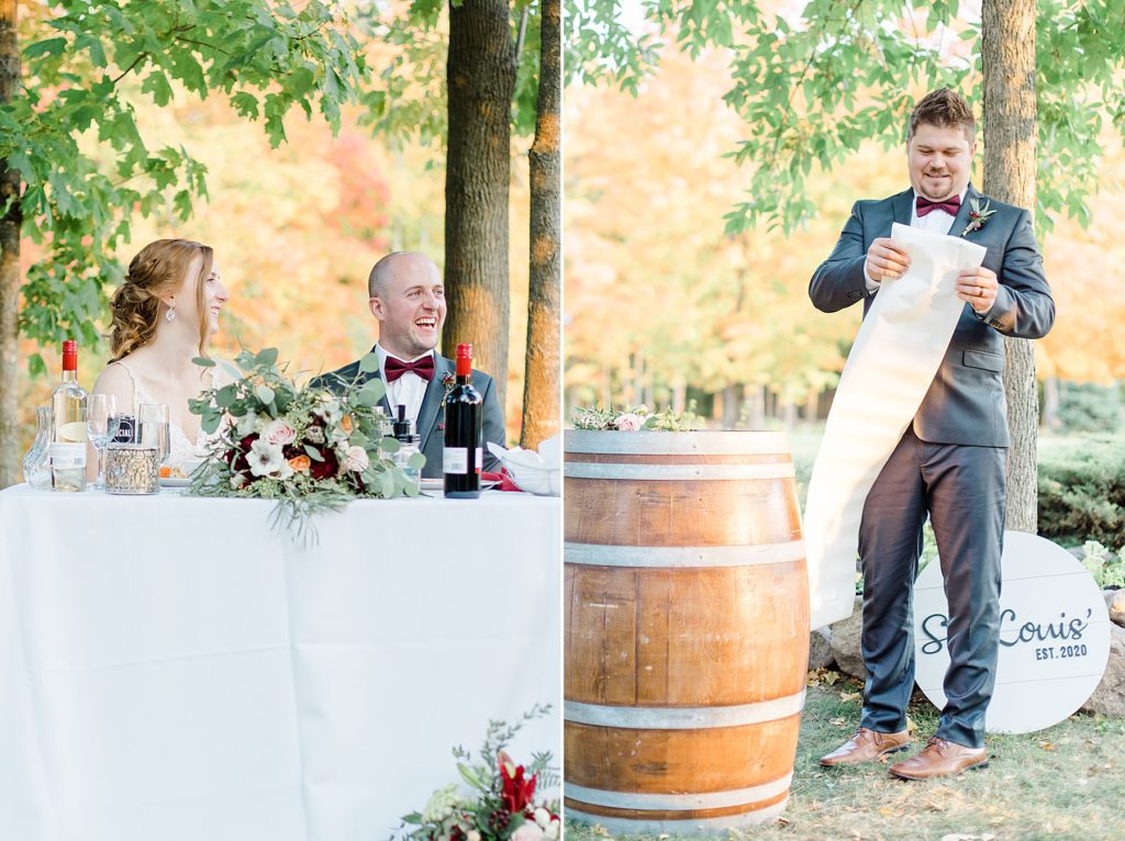 groomsman giving speech to bride and groom during petite backyard wedding reception