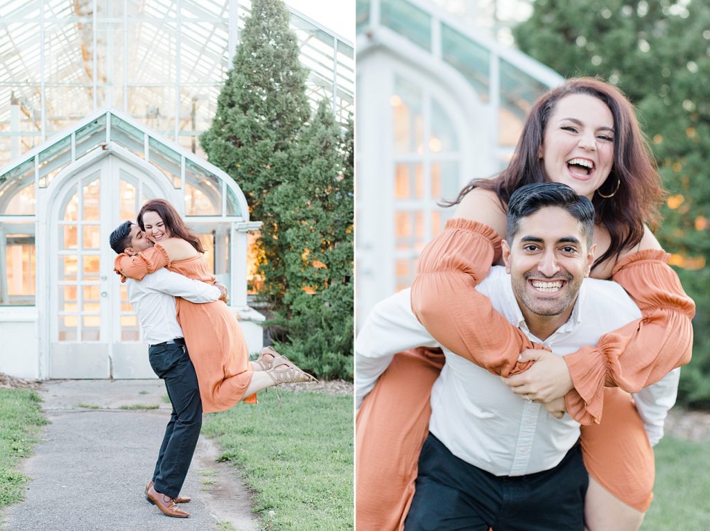 couple hug so big that her feet get lifted off the ground during engagement session