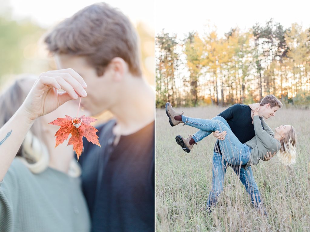Guy carrying girl in fall infused engagement session