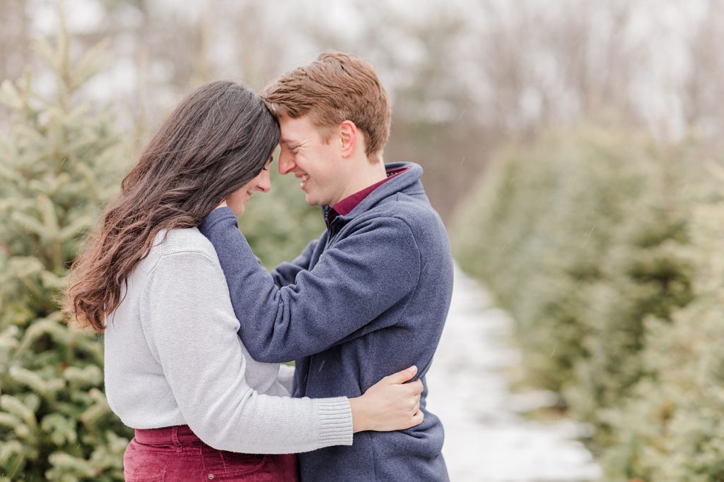 couple forehead to forehead in the row of christmas trees