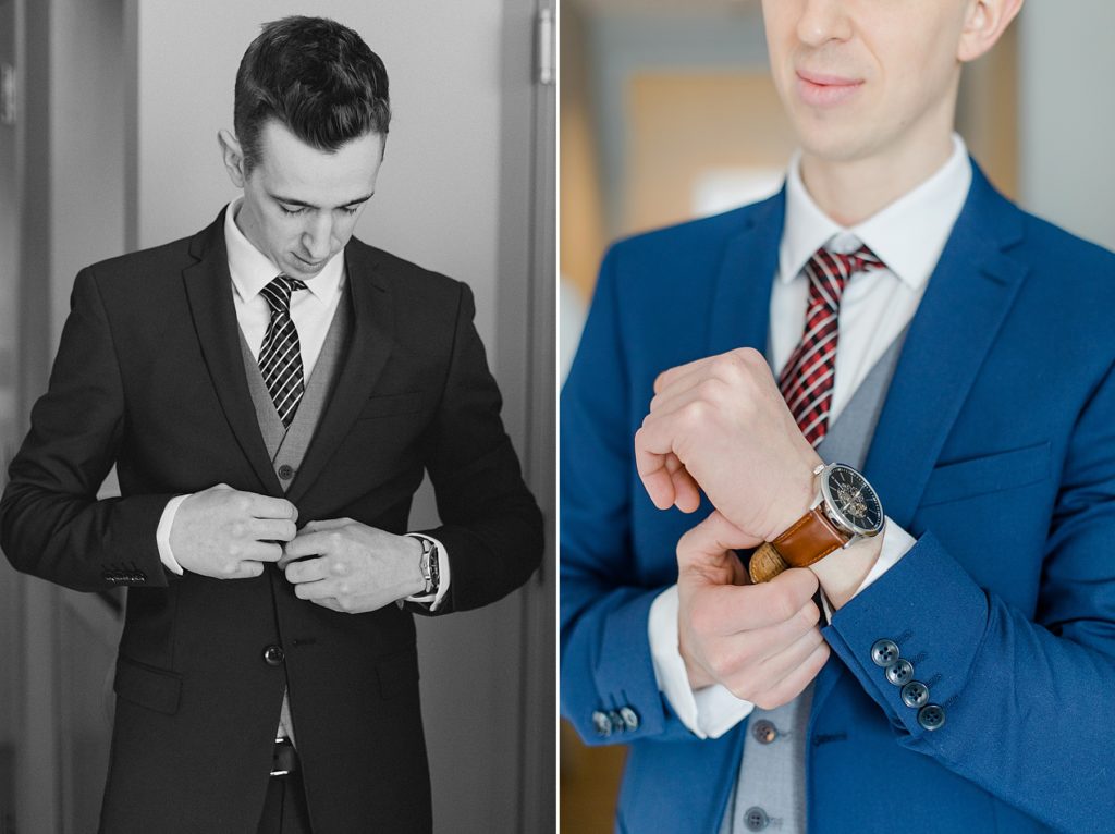 groom buttoning up his jacket and putting on this watch the morning of his wedding