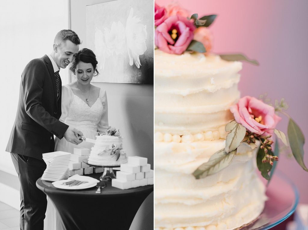 Bride and Groom cutting their cake at NeXT Restaurant reception