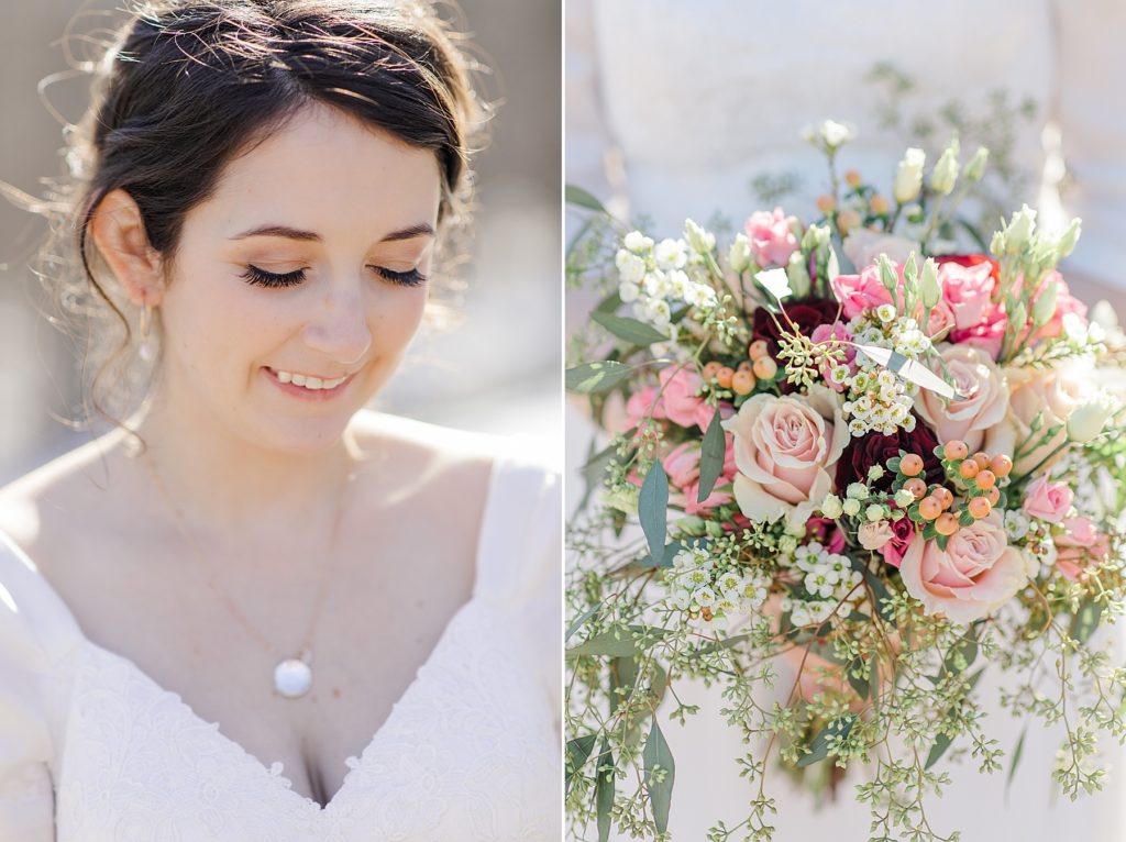 Up close photo of the bride to show off her makeup paired with an upclose photo of her beautiful bouquet 