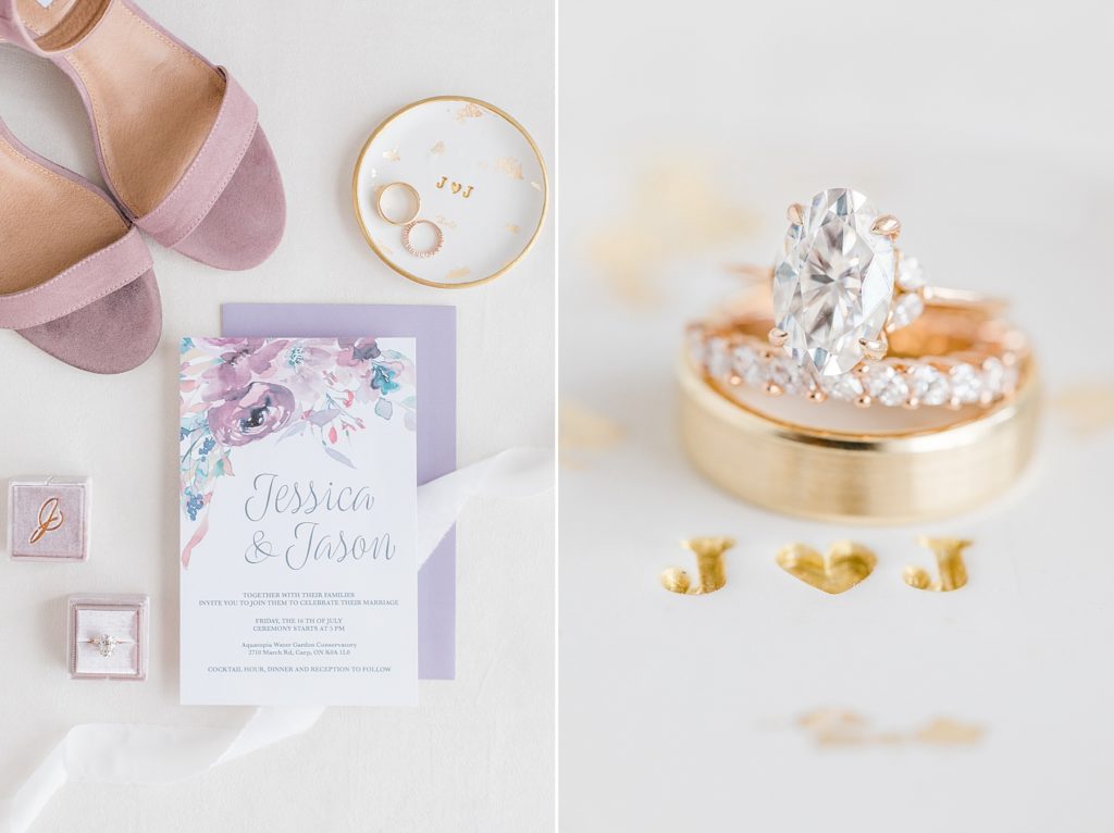 Stor by Margot Engagement ring and invitation suite with shoes and ringsfor wedding at Aquatopia Wedding photographed by Brittany Navin Photography