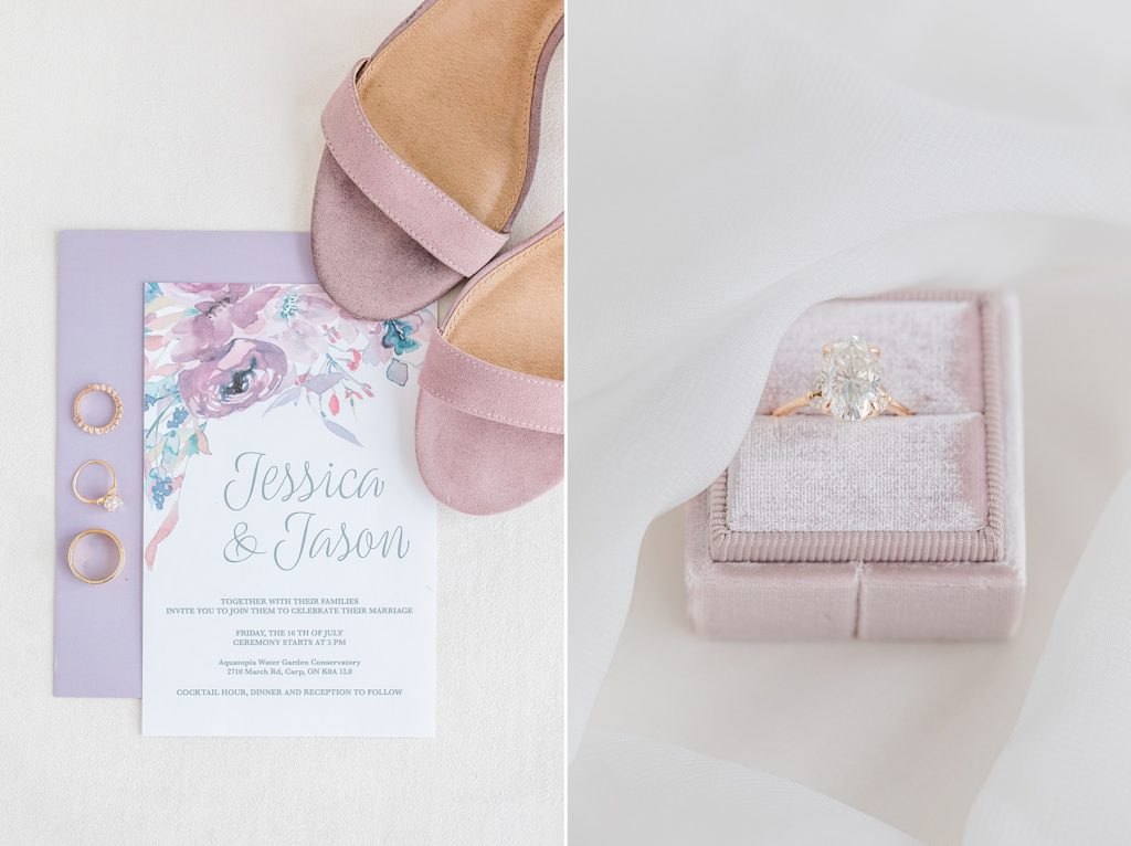 Stor by Margot Engagement ring and invitation suite with purple shoes for wedding at Aquatopia Wedding photographed by Brittany Navin Photography