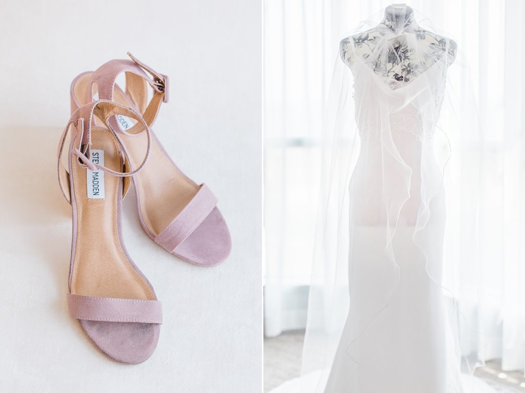 Purple wedding day shoes and handmade white wedding dress 