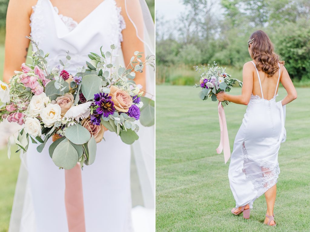close up of bridl bouquet and photo of bride walking through the grass at Aquatopia wedding photographed by Brittany Navin Photography