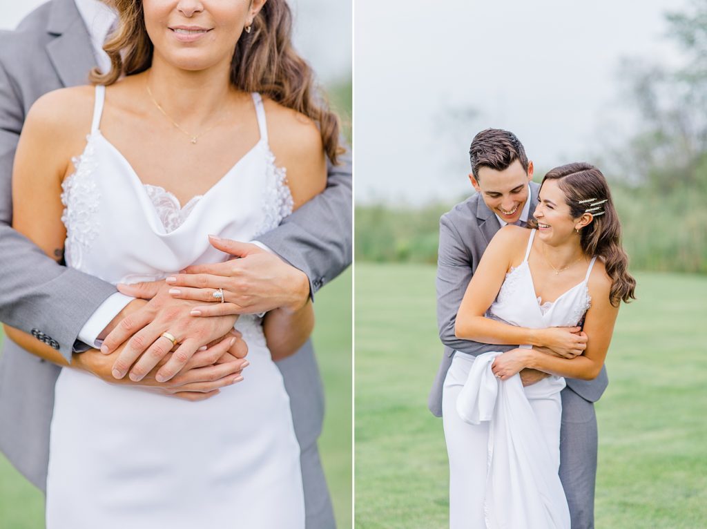 groom has his arms wrapped around bride during formal phtoos at Aquatopia wedding photographed by Brittany Navin Photography