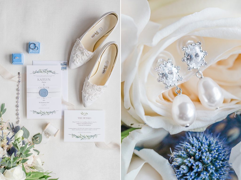 invitation suite flat lay and earings detail photo at Brookstreet Hotel Wedding in Ottawa with Brittany Navin Photography