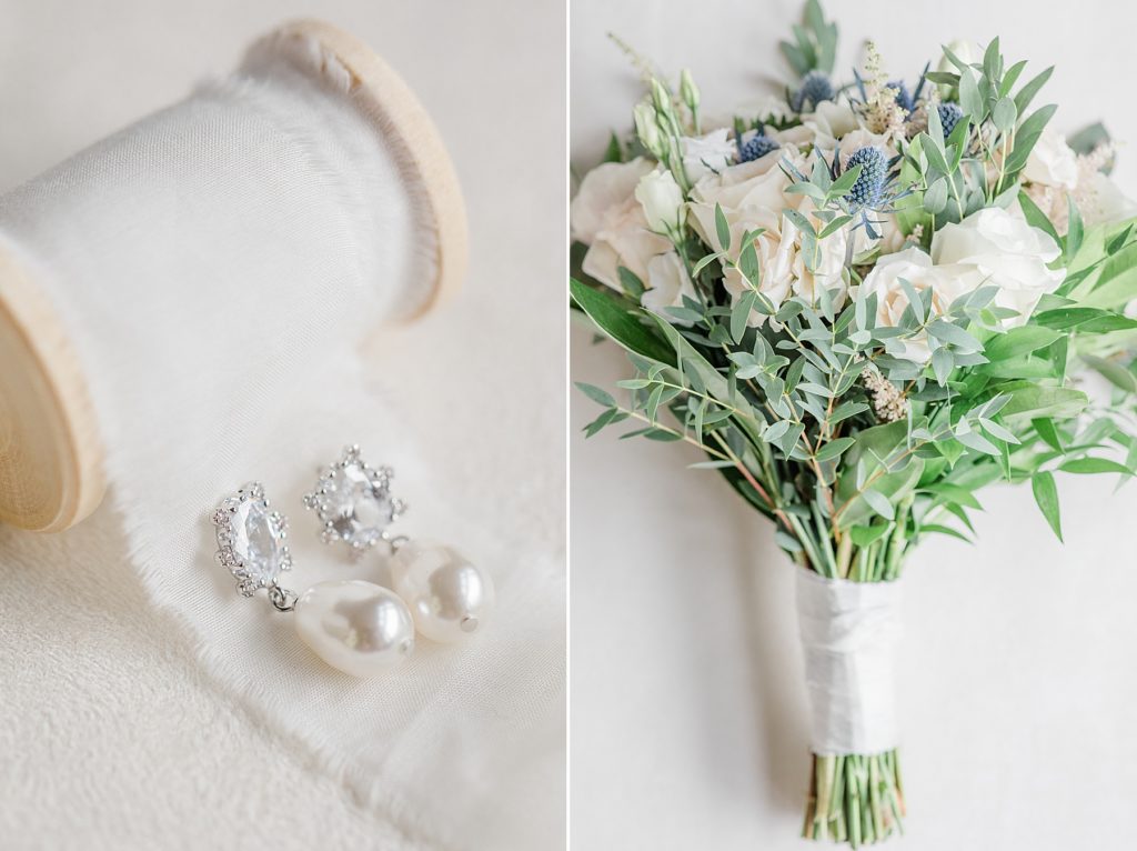 detail photo of earings with hand dyed ribbon and photo of bridal bouquet at Brookstreet Hotel Wedding in Ottawa with Brittany Navin Photography