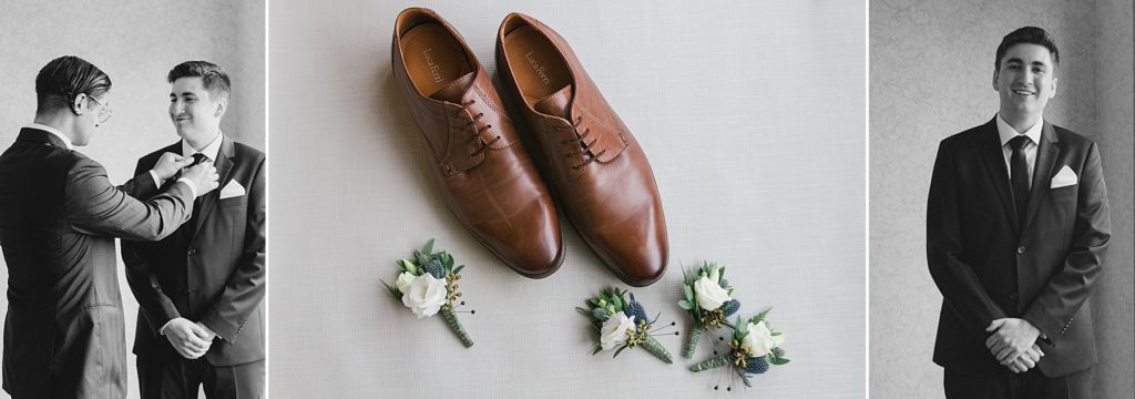 groom details photo of his shoes with boutonnières at ottawa wedding