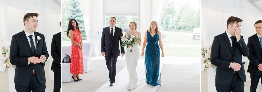 bride coming down the aisle with both her parents and grooms reaction to seeing her at Brookstreet Hotel Wedding in Ottawa with Brittany Navin Photography