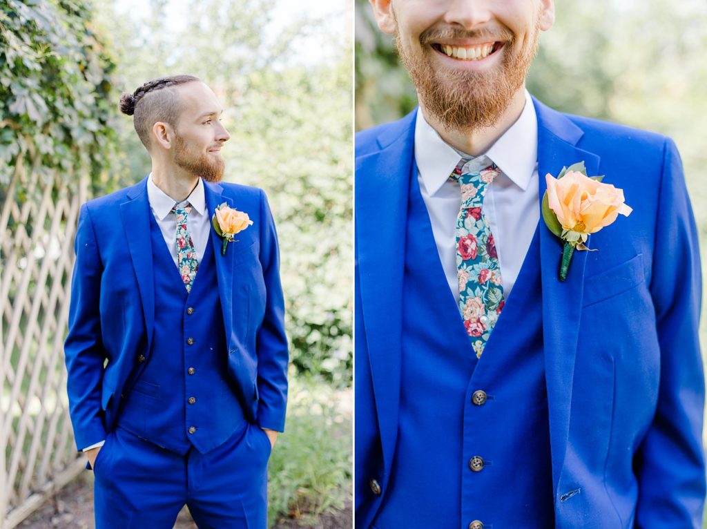 groom portrait paired with boutennierre photo At The Schoolhouse wedding in munster ontario photographed by Brittany Navin Photography