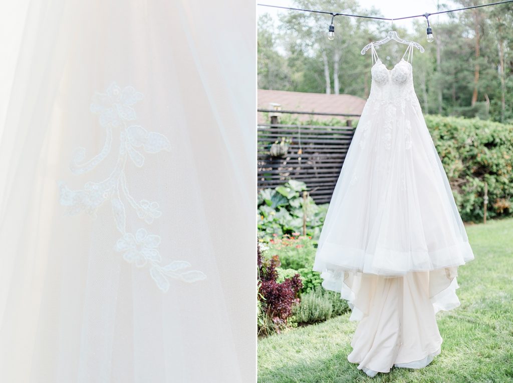 Wedding dress from With Love Bridal hanging up on wedding day Photographed by Brittany Navin