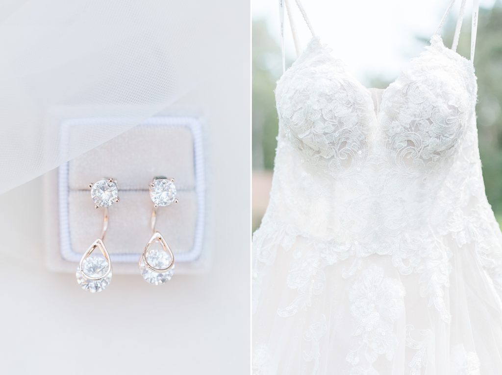 earing from olive and piper paired with a close up image of dress from with love bridal photographed by Brittany Navin Photography