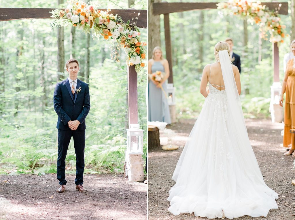 groom waiting for bride at end of aisle at Temple's Sugar Bush Wedding Photographed by Brittany Navin