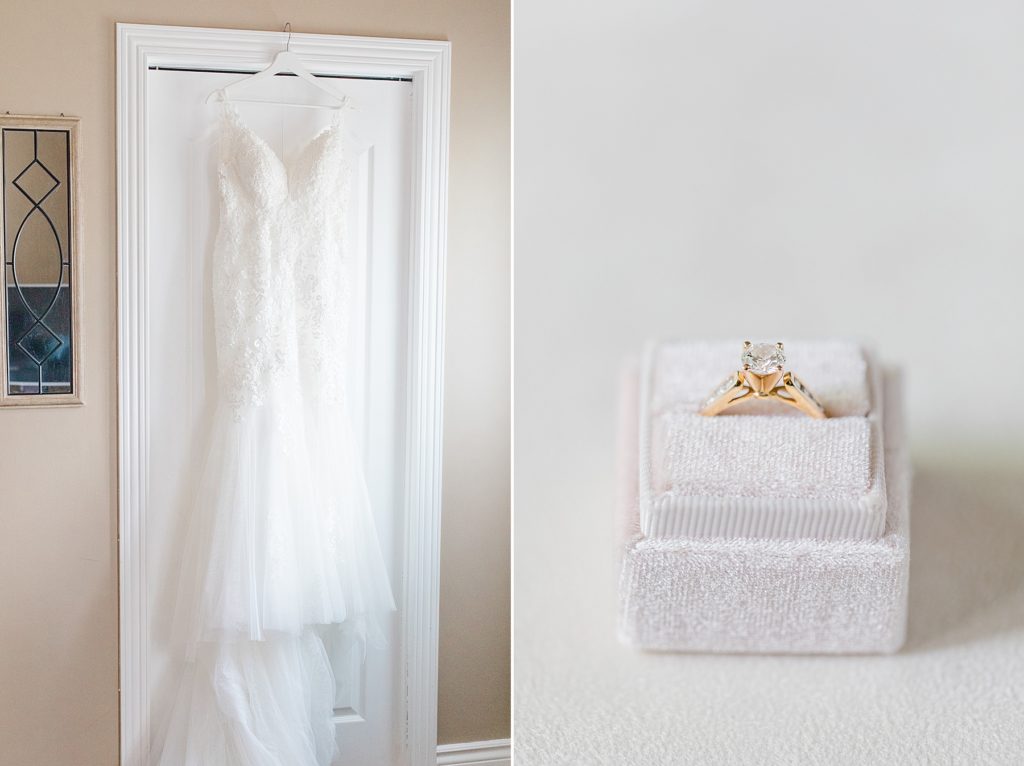 wedding dress paired with photo of ring at timber run golf course wedding in Lanark, Ontario photographed by Brittany Navin