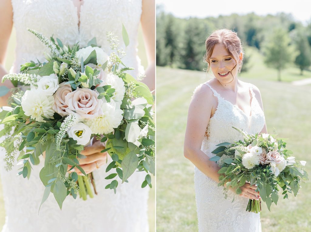 bridal portrait paired with floral detail photo at timber run golf course wedding in Lanark, Ontario photographed by Brittany Navin