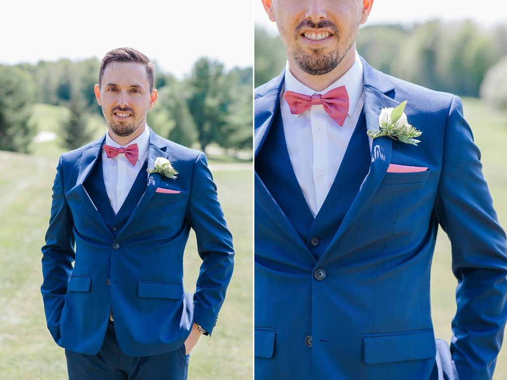 groom portrait paired with a detail shot of boutonnierre at timber run golf course wedding in Lanark, Ontario photographed by Brittany Navin