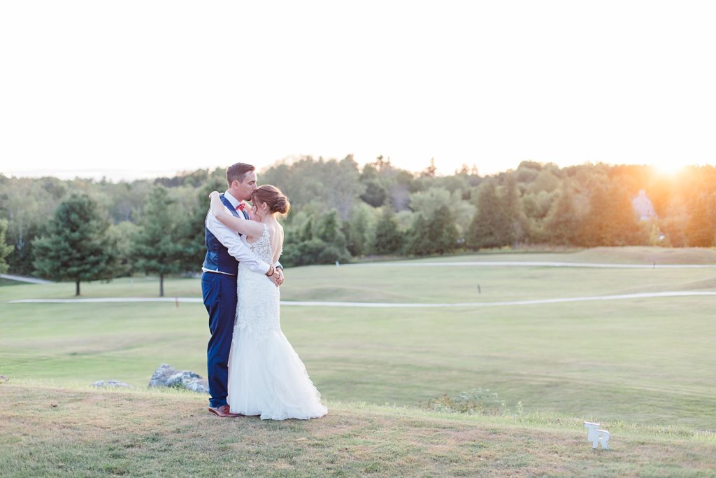 bride and groom portraits during sunset at timber run golf course wedding in Lanark, Ontario photographed by Brittany Navin