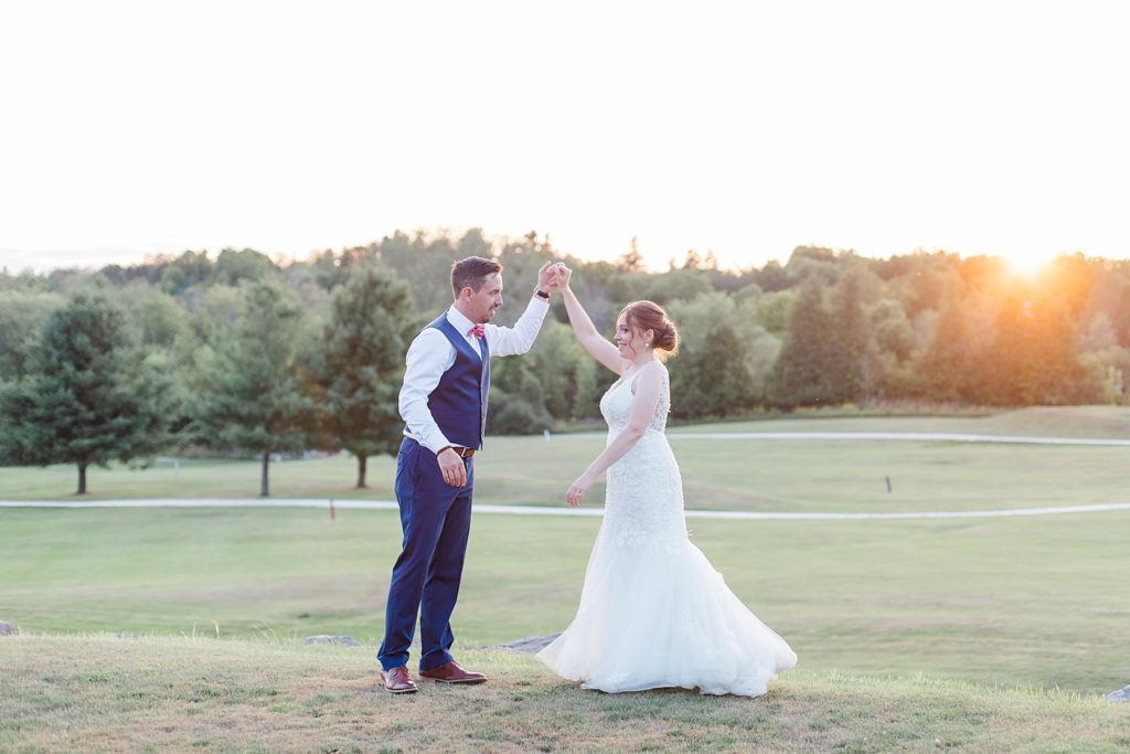 bride and groom dancing in the sunset at timber run golf course wedding in Lanark, Ontario photographed by Brittany Navin Photography