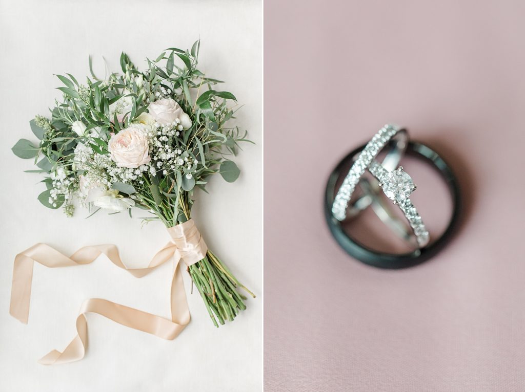 bridal flowers by rustic engagements paired with photo of wedding rings at Adelina Barn Wedding Photographed By Brittany Navin Photography
