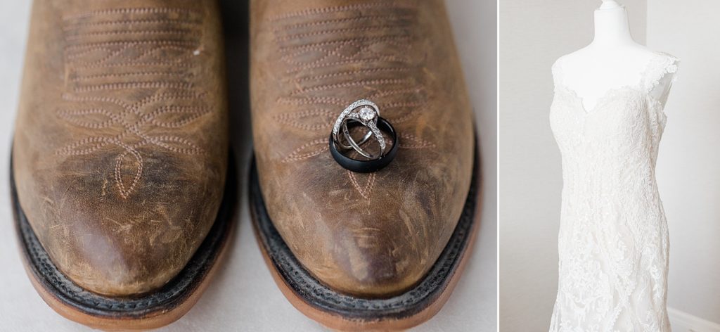 wedding rings on cowboy boots paired with photo of brides dress from with love bridal at Adelina Barn Wedding Photographed By Brittany Navin Photography