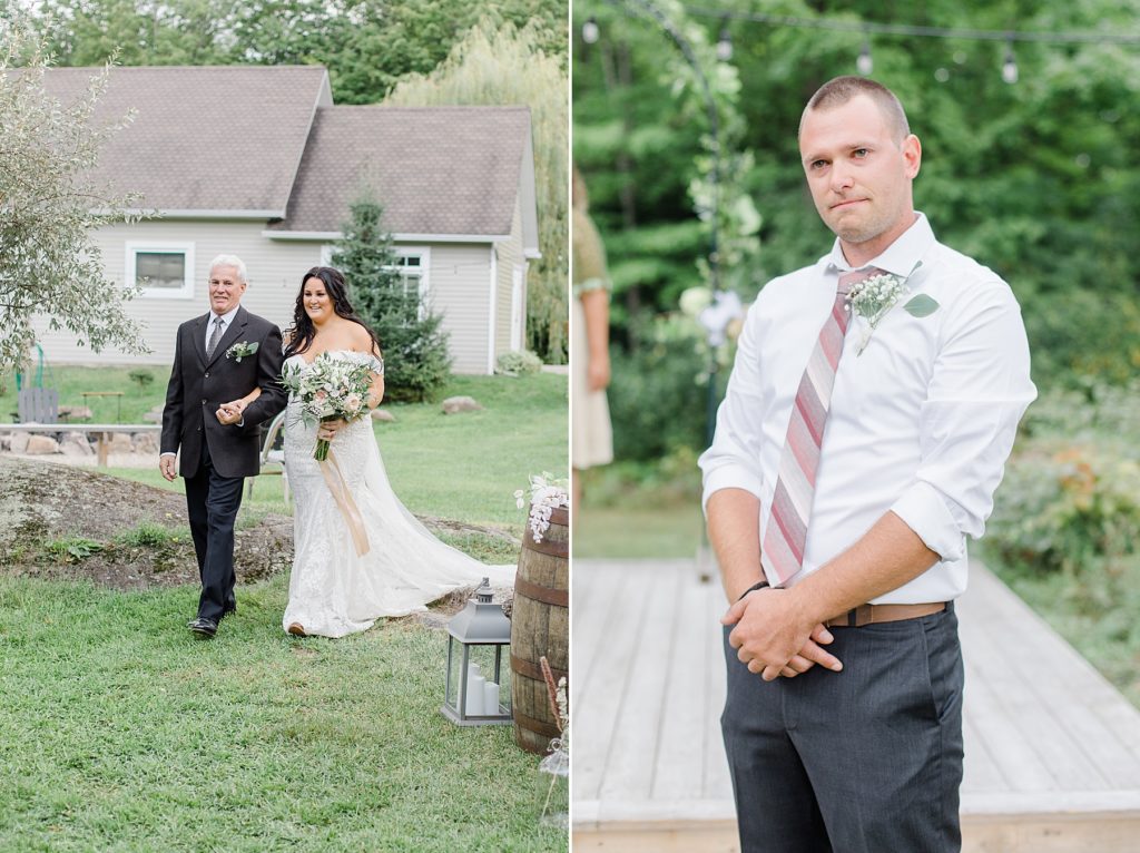 Bride walking down the aisle paired with photo of grooms reaction at Adelina Barn Wedding Photographed By Brittany Navin Photography
