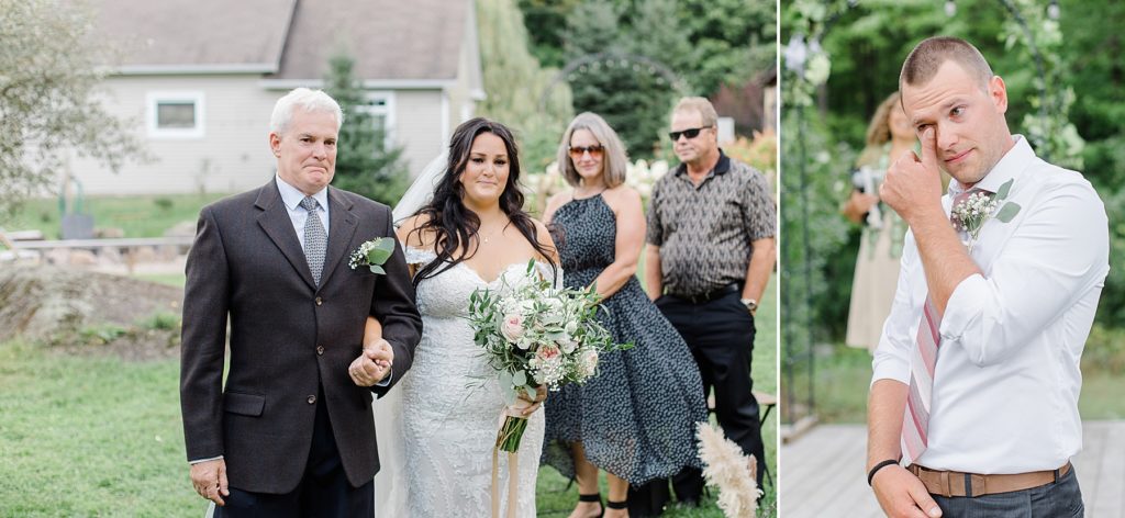 bride and father walking down the aisle trying not to cry paired with photo of groom tearing up at Adelina Barn Wedding Photographed By Brittany Navin Photography