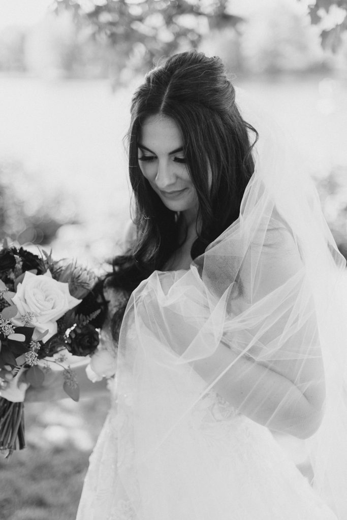 black and white bridal portrait at Riverside Park Wedding in Carleton Place photographed by Brittany Navin Photography
