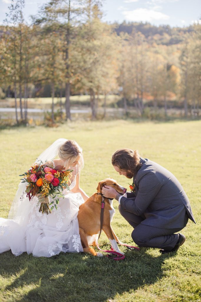 bride and groom with their dog at Calabogie Peaks wedding photographed by Brittany Navin Photography