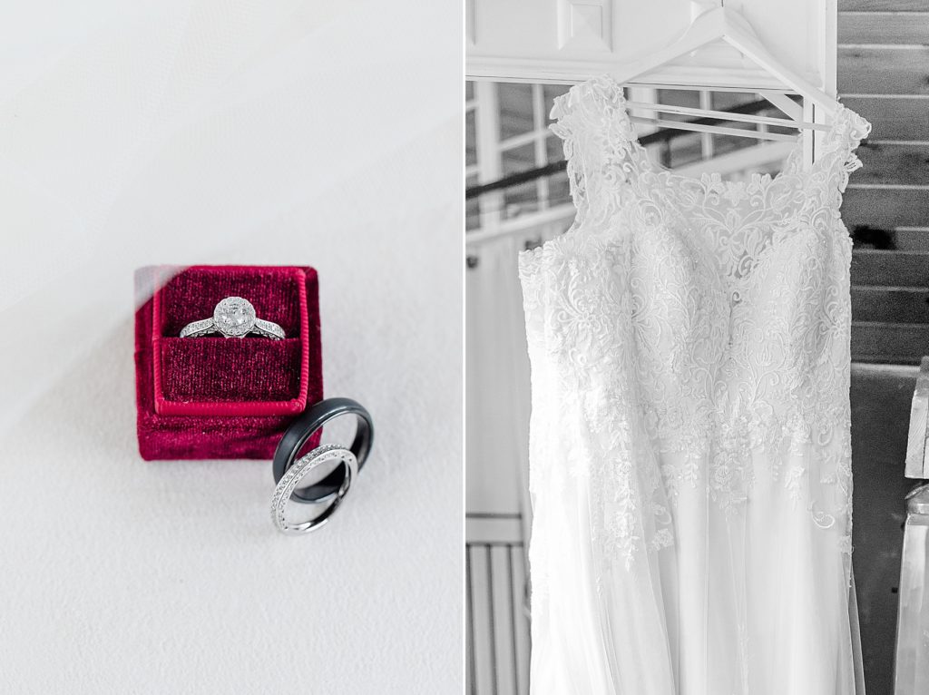 detail photo of wedding rings with burgundy ring box paired with photo of dress from sinders bridal house at temples sugar bush wedding photographed by Brittany Navin