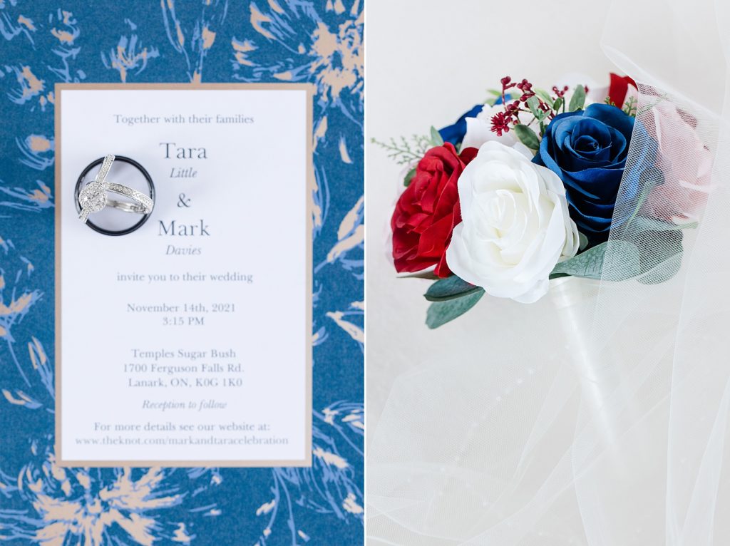 detail photo of rings on invitation suite paired with photo of wedding florals for temples sugar bush wedding photographed by Brittany Navin Photography