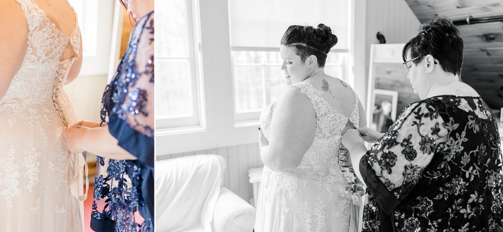 bride getting into dress at temples sugar bush wedding bridal suite photographed by Brittany Navin Photography