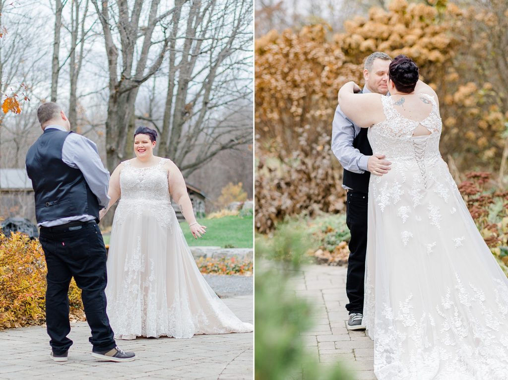 first look between bride and groom at temples sugar bush wedding photographed by Brittany Navin Photography