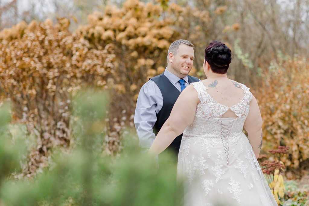 first look between bride and groom at temples sugar bush wedding photographed by Brittany Navin Photography