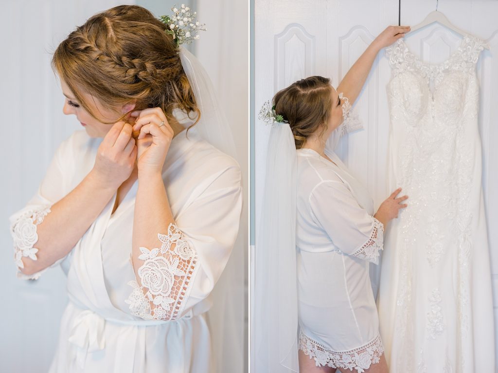 bride putting in her earings paired with a photo of her grabbing her wedding dress for temples country winter wedding photographed by Brittany Navin Photography