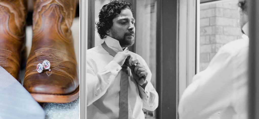 Wedding details photo paired with groom doing up his tie for temples country winter wedding photographed by Brittany Navin Photography