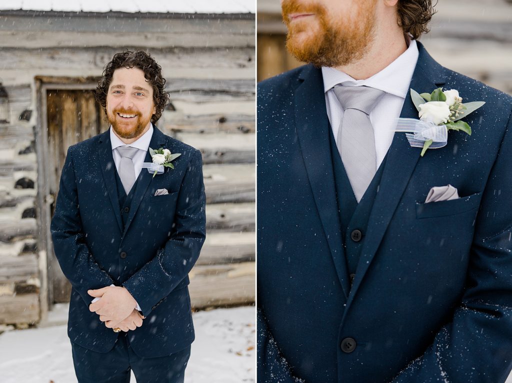portrait of groom for temples country winter wedding photographed by Brittany Navin Photography