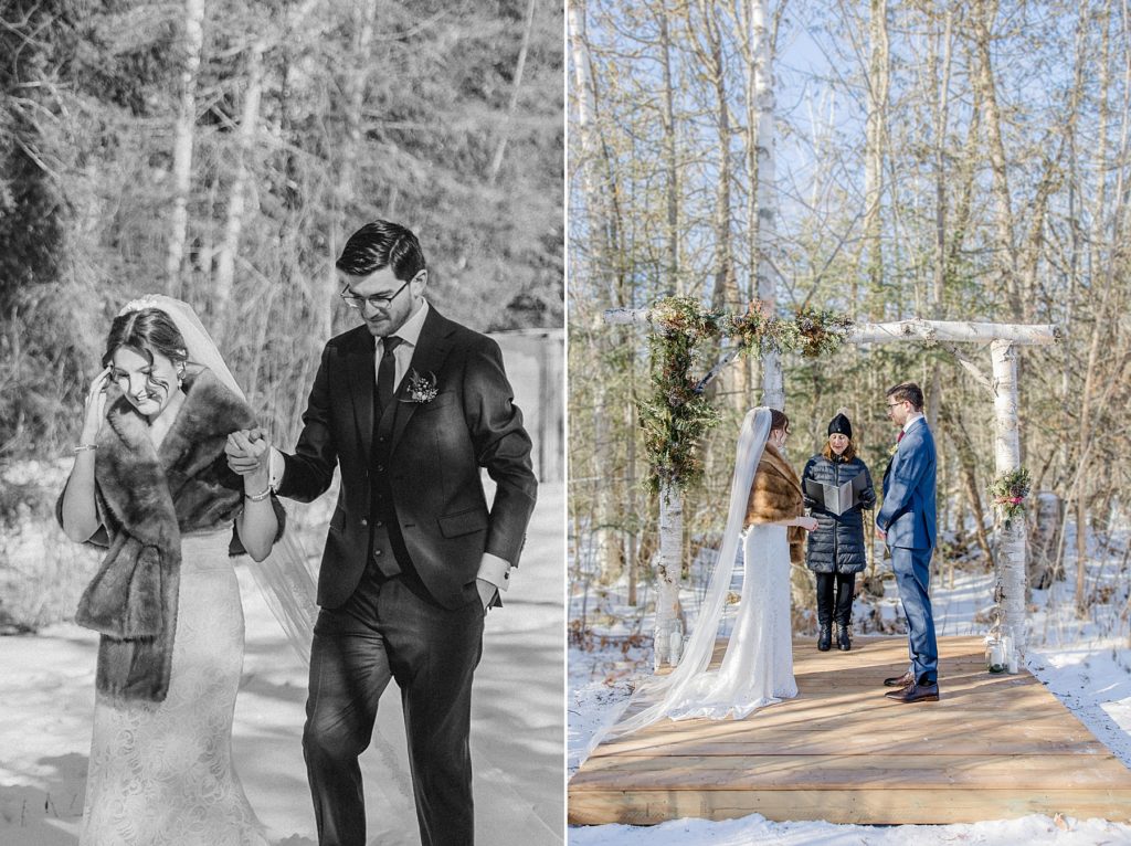 bride and groom walking to altar paired with photo of bride and groom standing at the altar for beckwith winter elopement