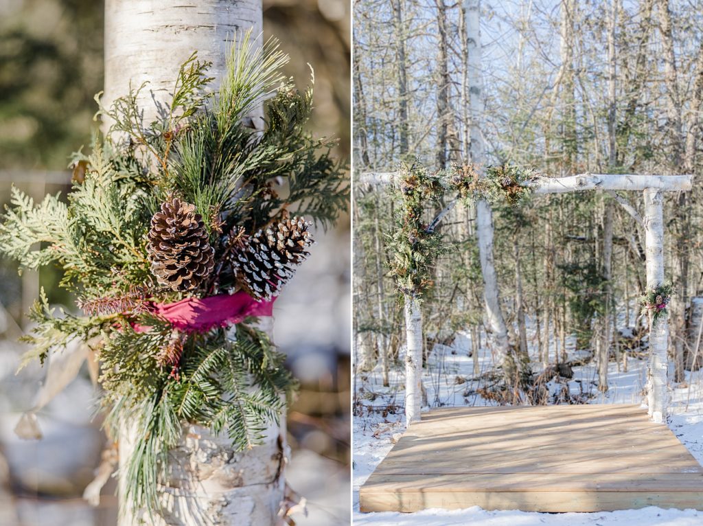 diy wedding altar made out of birch and greenery from their foresty backyward for beckwith winter elopement