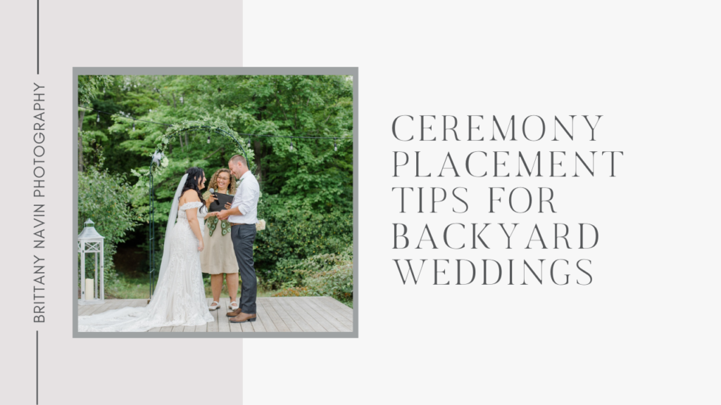 Ceremony placement tips for backyard weddings blog feature image paired with a photo of bride and groom reciting vows during their ceremony