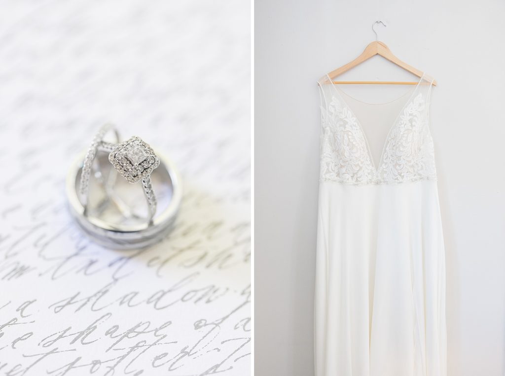 ring detail photo paired with photo of hanging wedding dress from calabogie peaks summer wedding photographed by Brittany Navin Photography