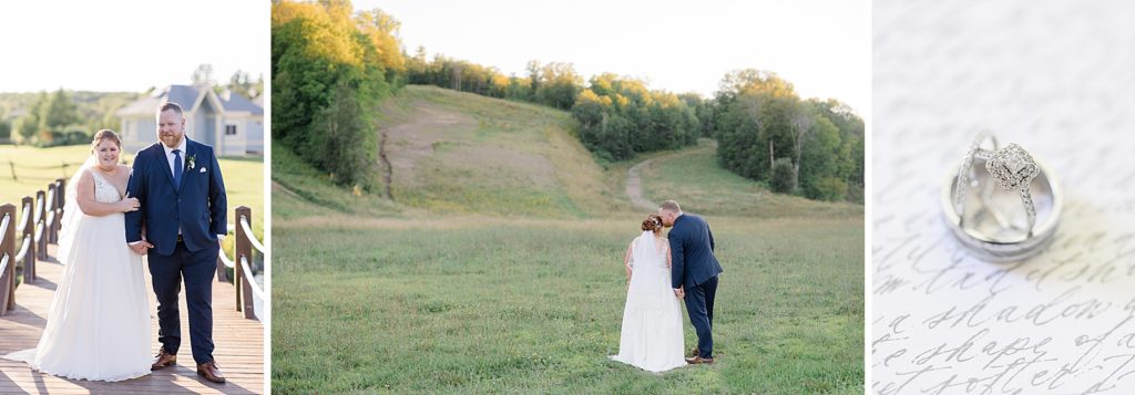 Combinations of bride and groom portraits with ring detail photo from calabogie peaks summer wedding photographed by Brittany Navin Photography