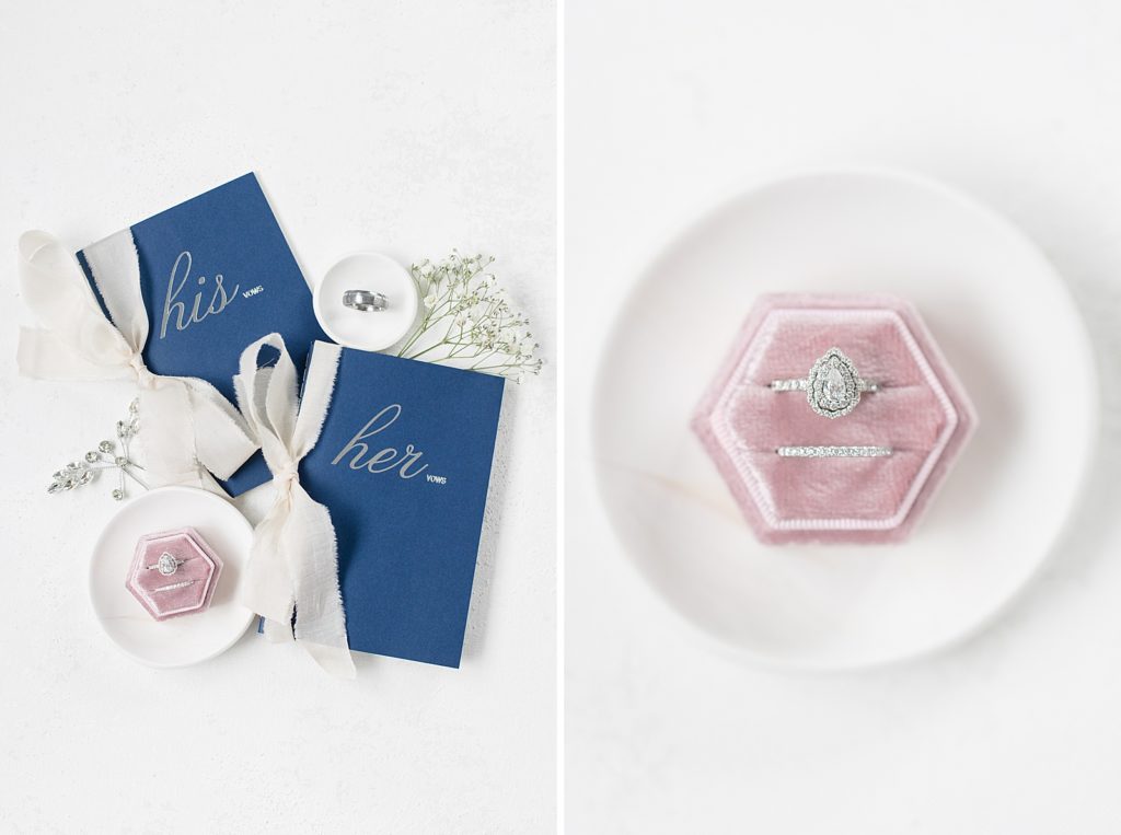 His and Her vow book flat lay image paired with a detail image of pear shaped ring and wedding band in a Dusty rose velvet ring box photographed by Brittany Navin Photography