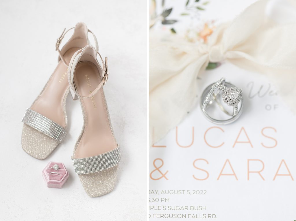 gold bridal shoes photograph paired with an image of an engagement ring and wedding bands on top of wedding invitation for bridal detail flatlays of temples country wedding photographed by Brittany Navin Photography 