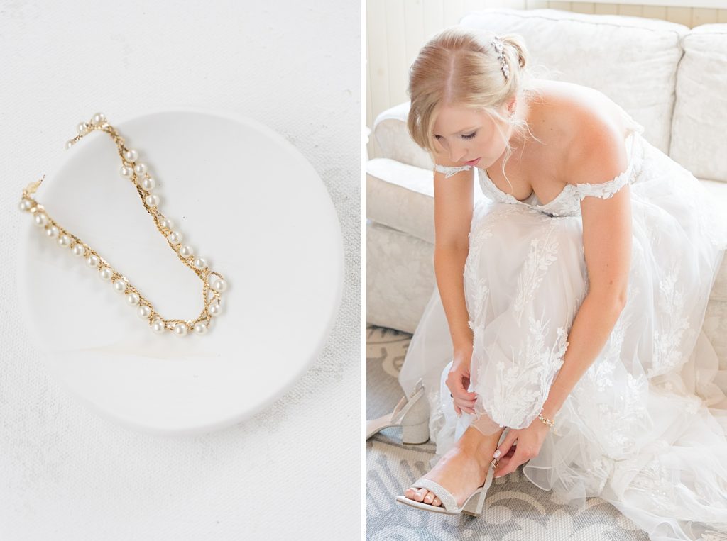 photo of pearl and gold bracelet placed on a ceramic ring dish paired with an image of the bride putting on her shoes in bridal suite of Temples country weddings photographed by Brittany Navin Photography