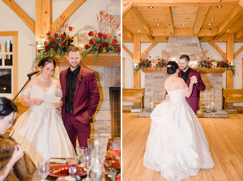 Image on left is of bride and grooms thank you speech and image on the right is of the bride and grooms first dance at Temples Sugar Bush Wedding in Lanark Ontario photographed by Ottawa wedding photographer, Brittany Navin Photography
