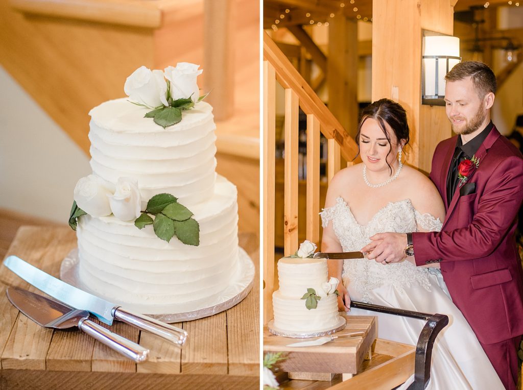 Cake cutting at Temples Sugar Bush Wedding in Lanark Ontario photographed by Ottawa wedding photographer, Brittany Navin Photography