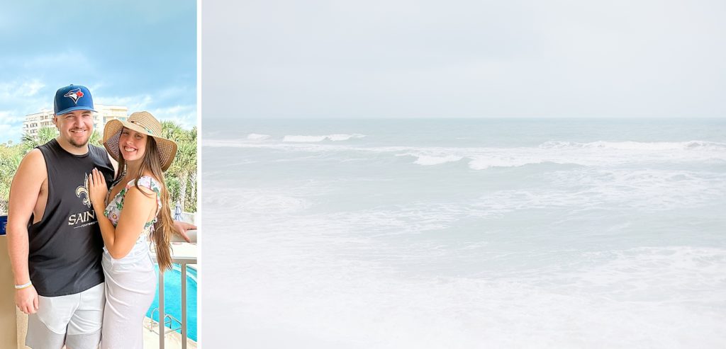 Melbourne Beach, Florida paired with iphone photo of couple on condo balcony Photographed by Brittany Navin Photography an Ottawa Based Destination Wedding Photographer